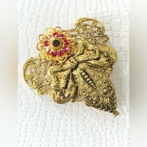 VINTAGE signed JANE DAVIS Gold Tone Rhinestone Brooch